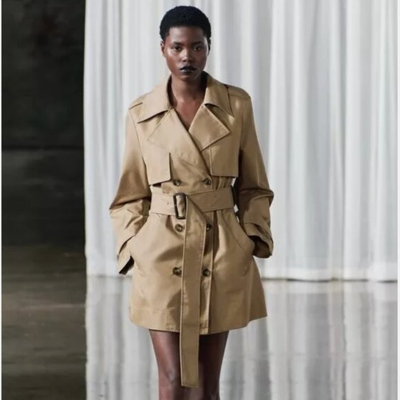 ZARA WOMEN BELTED SHORT TRENCH COAT ZW COLLECTION XS S M L taupe brown NWT - Picture 3 of 12